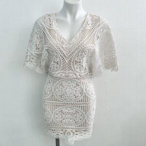 SoieBlu Lace Crochet Mini dress embroidered Beige SMALL Flutter Sleeves